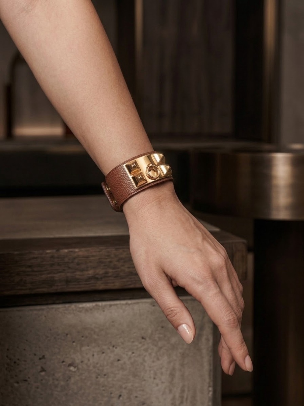 Classic Brown Leather Bracelet with Gold Stud Accent 8”